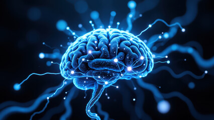 Fototapeta premium AGI represented as a glowing brain with synaptic connections and electric charges radiating outwards, symbolizing advanced intelligence, cognitive function, or computational power.