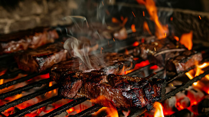 Typical Argentinian barbecue or asado: Burning wood in the grill and red hot coals.