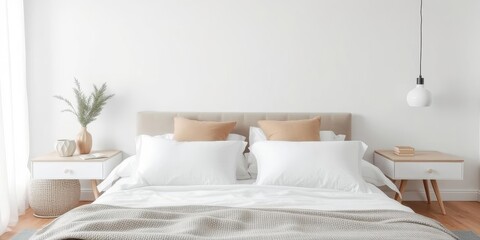 King size bed with white linens and pillows in a minimalist scandinavian bedroom, scandinavian, bedroom