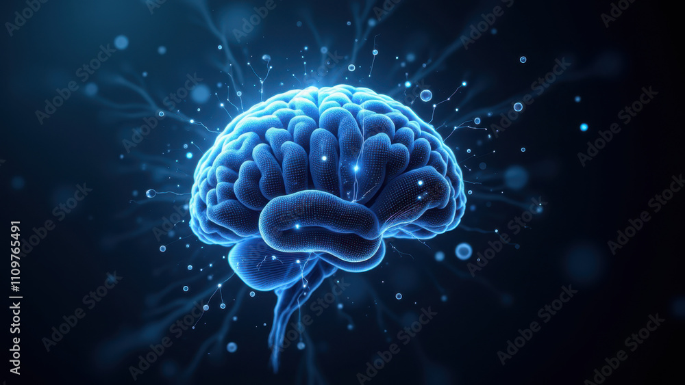 Poster an image featuring an animated human brain with digital circuitry flowing around it, symbolizing art