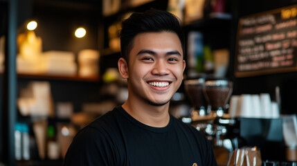 Fototapeta premium Smiling Coffee Barista Serving Coffee at a Café
