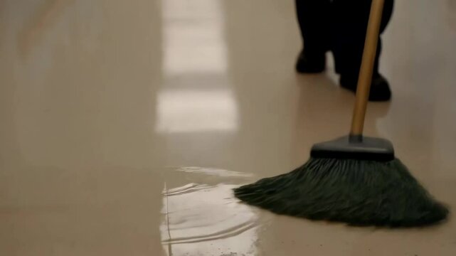 A Black female janitor keeps a hospital corridor clean, emphasizing hygiene's vital role in healthcare