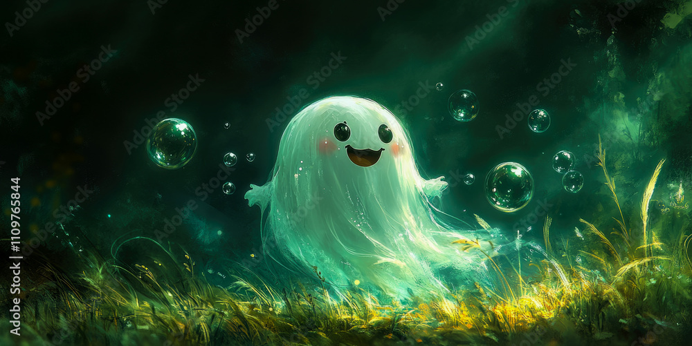 Aufkleber a playful ghost with a joyful expression and bubbles floats amidst glowing greenery in an enchanting