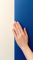 A hand gently touches a blue and cream wall, creating a serene and minimalist scene, AI