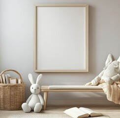Modern Scandinavian-Style Children's Nursery with White Wooden Picture Frame, Blank Canvas, Light Wood Furniture, Wicker Basket, and Stuffed Bunny by Open Book.