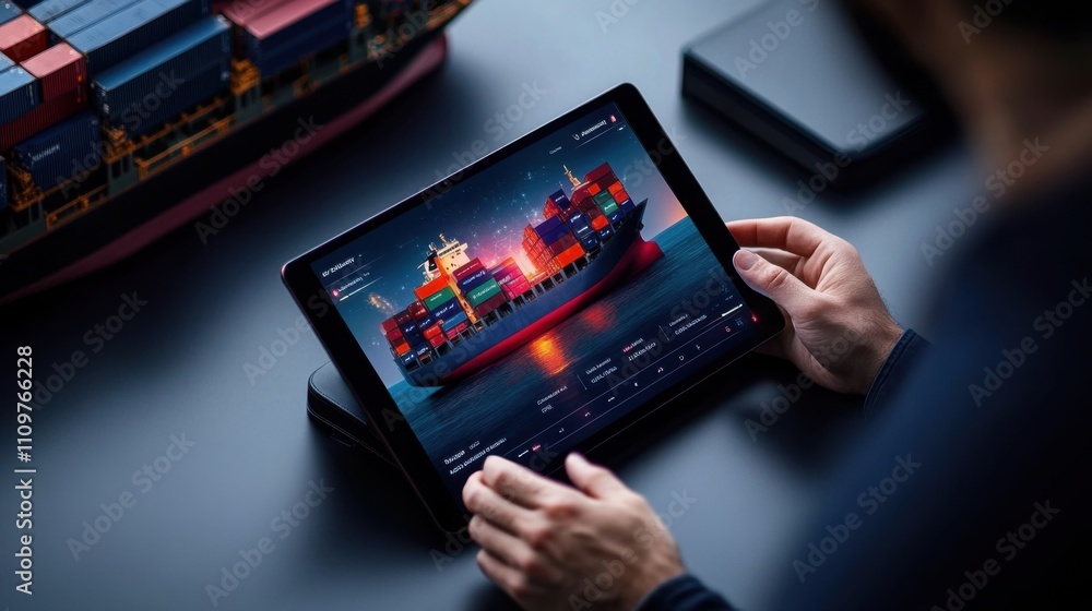 Poster digital interface displaying container ship navigation and management, person interacting with moder