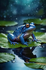 Watercolor art, a tree blue treefrog sitting on a lotus leaf, floating on water with raindrops, surrounded by bright colors and anime style reflections. The background is an enchanted forest at night.