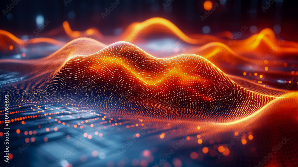 Poster vibrant orange and blue waves rise and fall, representing the dynamic flow of data in a digital envi