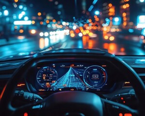 A cars dashboard displaying realtime computer vision data for autonomous driving, cinematic night driving scene