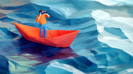 Origami Boat Journey  Man with Binoculars on Paper Sea