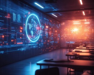 Obraz premium A classroom with a glowing holographic screen showing cybersecurity training simulations, cinematic light flares