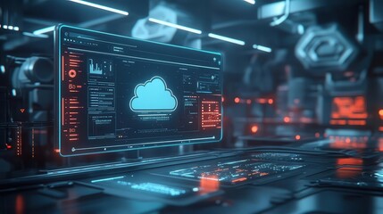 Fototapeta premium A cloud orchestration interface displayed on futuristic monitors in a tech lab, glowing softly, cinematic focus