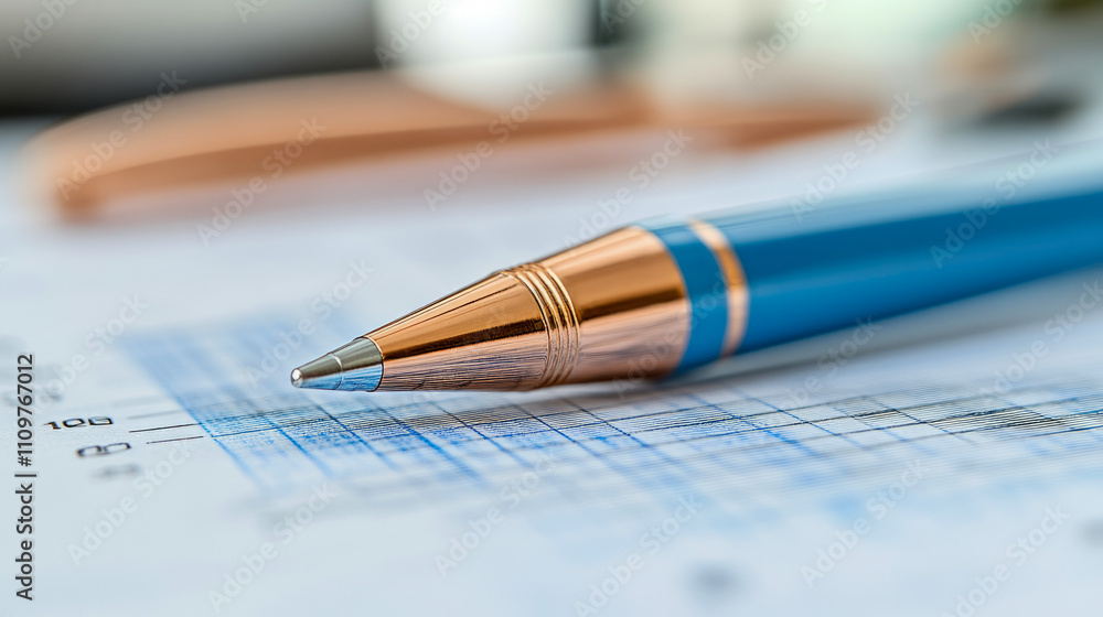 Poster a metallic blue pen rests on neatly arranged documents showing charts and data, highlighting product