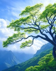 Obraz premium Celebrate International Forest Day With a Vibrant Tree Against a Stunning Mountain Backdrop