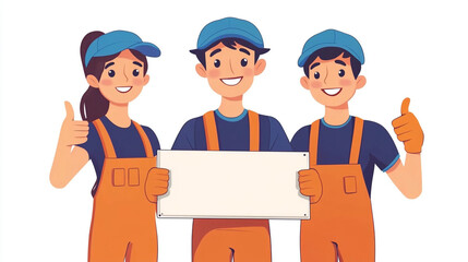 Happy Diverse Workers Team Holding Blank Sign  Thumbs Up  Construction  Repair  Maintenanc