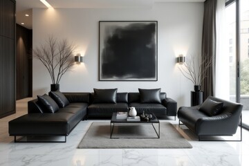Minimalist monochrome home interior design of modern living room. Modern Black and White elements