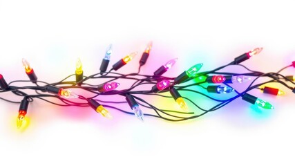 String of Christmas lights glowing brightly against a white background, colorful, celebration