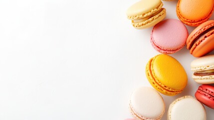 Fototapeta premium Colorful Display of Delicious French Macaroons on a Blurred White Background