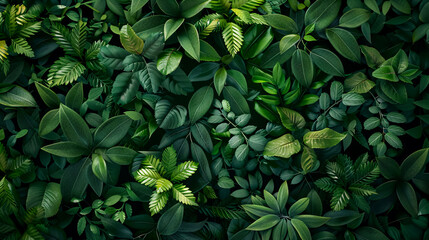 Obraz premium A vegetative background composed of leaves and plants, showcasing lush, natural foliage. A green vegetation backdrop from a top view, suitable for professional compositing. High-quality image.