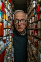 Fototapeta premium A senior man with glasses and a surprised expression stands between shelves stacked high with various medicine bottles in a dimly lit storage area