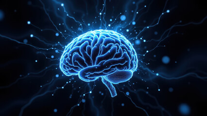 Illustration of a human brain with an explosion of digital energy, symbolizing AI's power or a moment of realization.