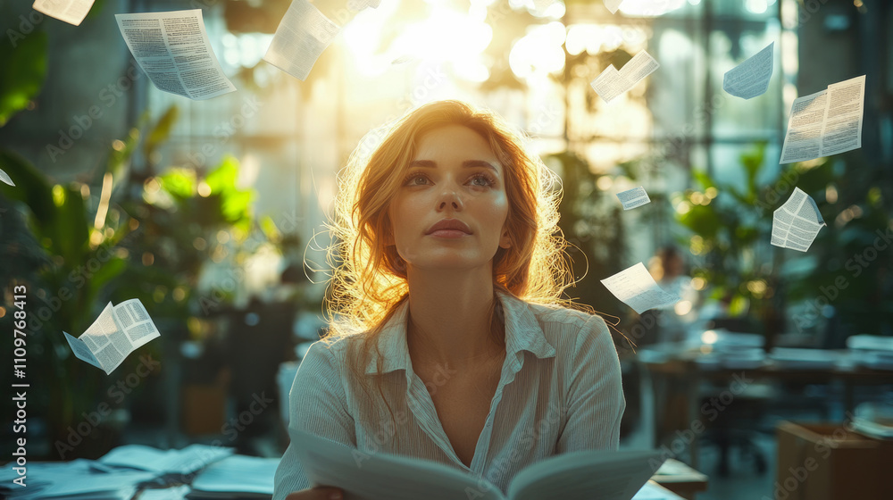 Poster a focused woman reads intently while pages float above her, illuminated by sunlight streaming throug