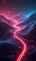 Obraz premium A vibrant neon landscape featuring glowing waves and a luminous path, perfect for futuristic, tech, and creative design themes.