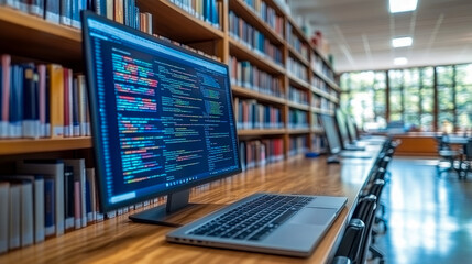 A computer sits on a wooden table in a library with colorful code displayed on the screen while bookshelves fill the background