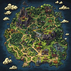Fototapeta premium Fantasy Island Map with Towns and Landmarks. Concept of Adventure, Exploration, and Role Playing.