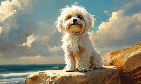 Adorable Maltese Dog on a Coastal Cliff, Sunny Day
