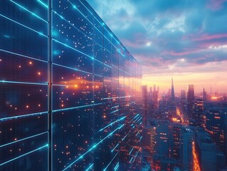 A futuristic cityscape where spacebased solar power is displayed on glowing billboards, cinematic textures