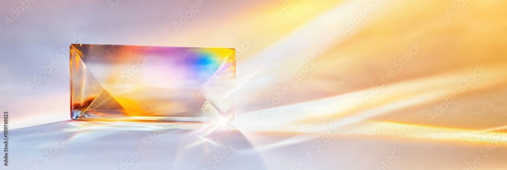 Poster Sunlight Breaks Through a Prism, Creating a Vibrant Rainbow Display on a White Surface
