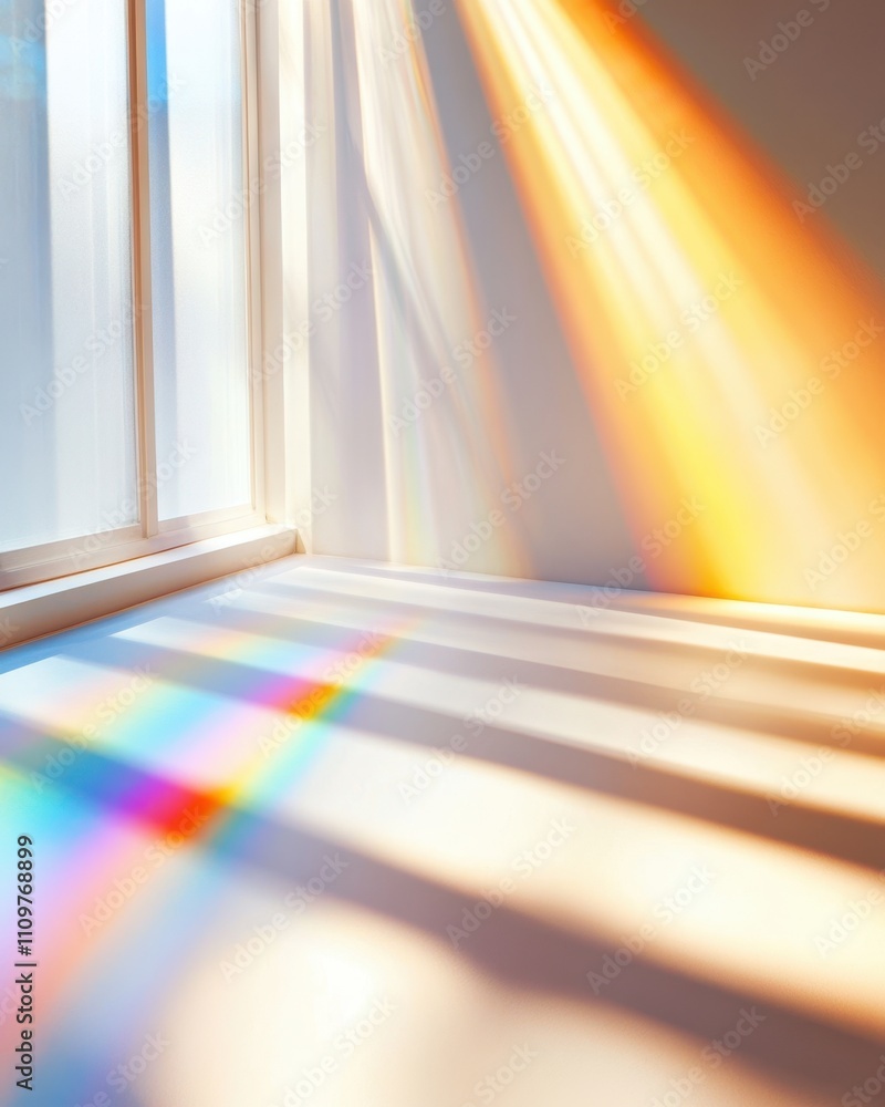 Poster sunlight dances through a prism, creating colorful reflections on a serene white wall