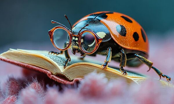 Ladybug Professor: A whimsical close-up shot of a ladybug wearing glasses and perched on an open book, creating a charming and humorous scene.