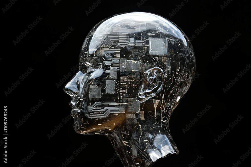 Poster futuristic transparent head sculpture with intricate electronic circuitry inside, symbolizing artifi