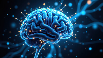 Fototapeta premium A vivid graphic of a human brain with AI highlighted by blue lights and particles.