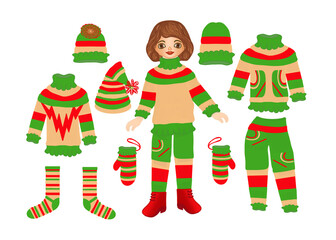 Girl, cartoon character, set of clothes, sweater, pants, hat, mittens, socks, bright color, color drawing, for design.