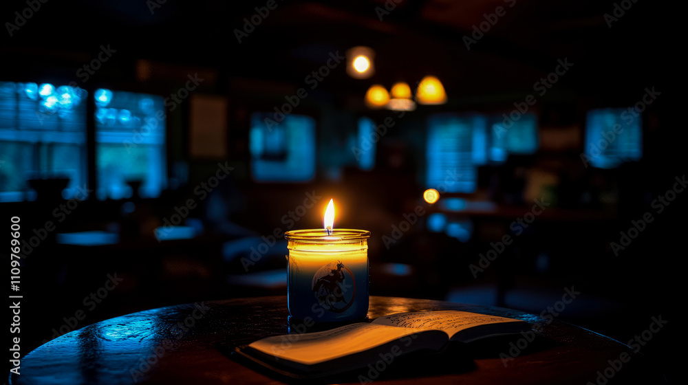 Poster a small candle casts a warm glow on an open book resting on a table, creating a cozy atmosphere in a