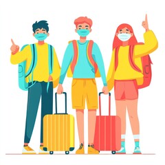 Three young travelers with masks and luggage, ready for adventure.