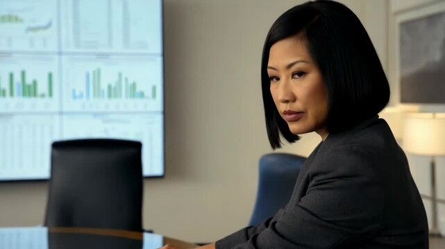Professional Asian woman focuses on data analysis while seated in a modern meeting room surrounded by charts