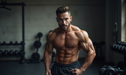 Fototapeta premium A muscular man poses confidently in a gym setting, showcasing fitness and strength. Ideal for fitness, health, and bodybuilding industry visuals.