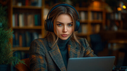 Focused young woman with headphones engaged in work on a laptop surrounded by books in a warm, inviting library atmosphere