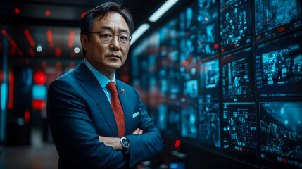 Fototapeta premium A business executive studies data displayed on numerous screens in a high-tech control room while overseeing important corporate operations