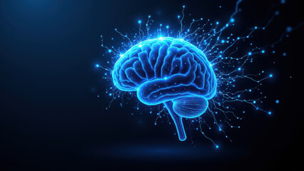 3D illustration of a human brain with an explosion of blue particles representing artificial general intelligence.