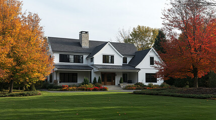 Modern Farmhouse Exterior  Autumn Leaves  Suburban Home  Fall Landscape