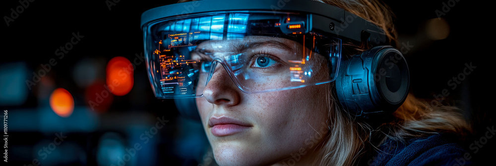 Aufkleber focused individual with augmented reality glasses observes data displays in a tech lab, highlighting