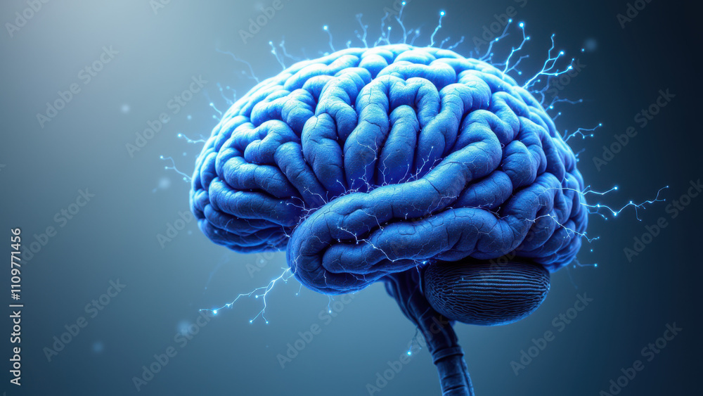 Poster this is an illustration of a human brain with lightning bolts emanating from it, symbolizing artific
