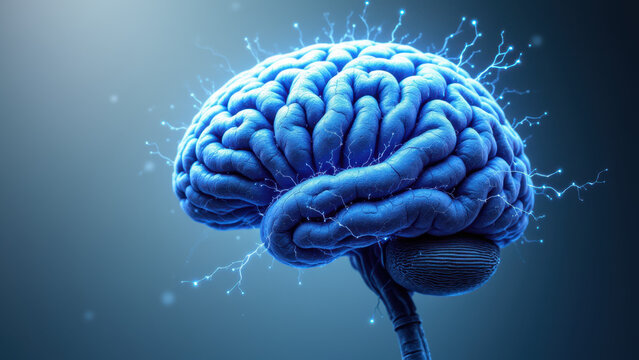 This is an illustration of a human brain with lightning bolts emanating from it, symbolizing artificial intelligence or advanced cognitive capabilities.