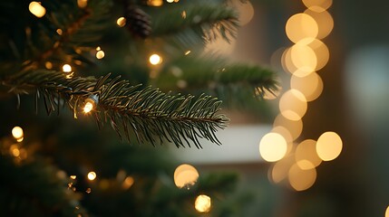 A close-up of a Christmas tree branch with decorations and lighting, with a blurred background.