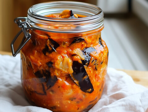 Jar of Romanian zacuscă with roasted vegetables